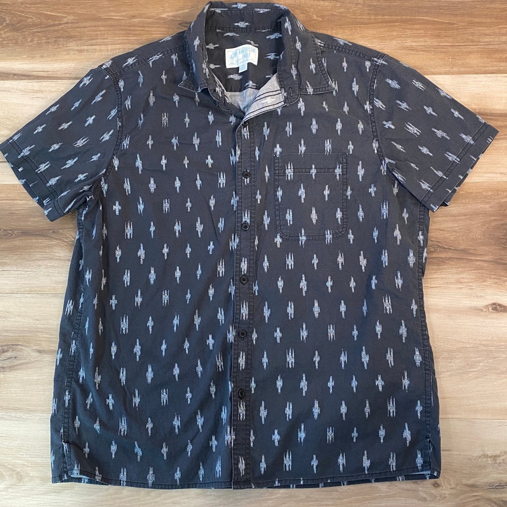 American Eagle Mens Short Sleeve Button Down Shirt Black Ikat Geometric‎ Large